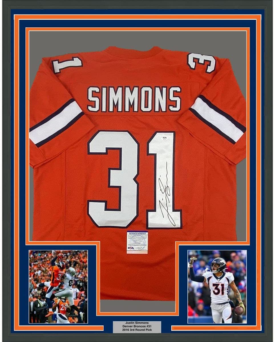Framed Autographed/Signed Justin Simmons 35x39 Denver Retro Orange Football Jersey PSA/DNA COA