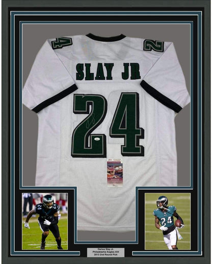 Framed Autographed/Signed Darius Slay Jr. 35x39 Philadelphia White Football Jersey JSA COA