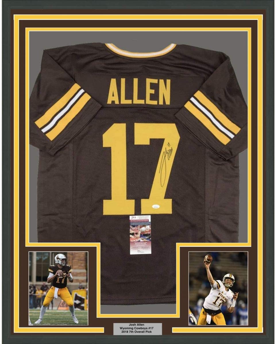 Framed Autographed/Signed Josh Allen 35x39 Wyoming Brown College Football Jersey JSA COA