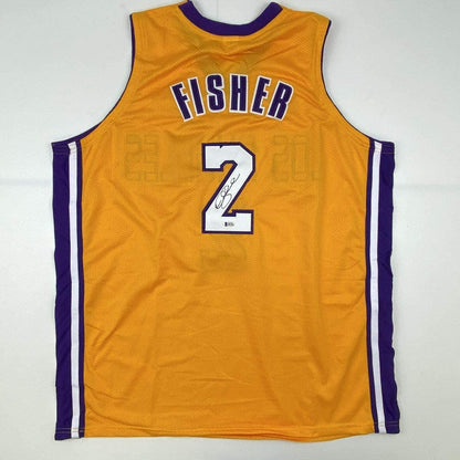 Autographed/Signed Derek Fisher Los Angeles LA Yellow Basketball Jersey Beckett BAS COA