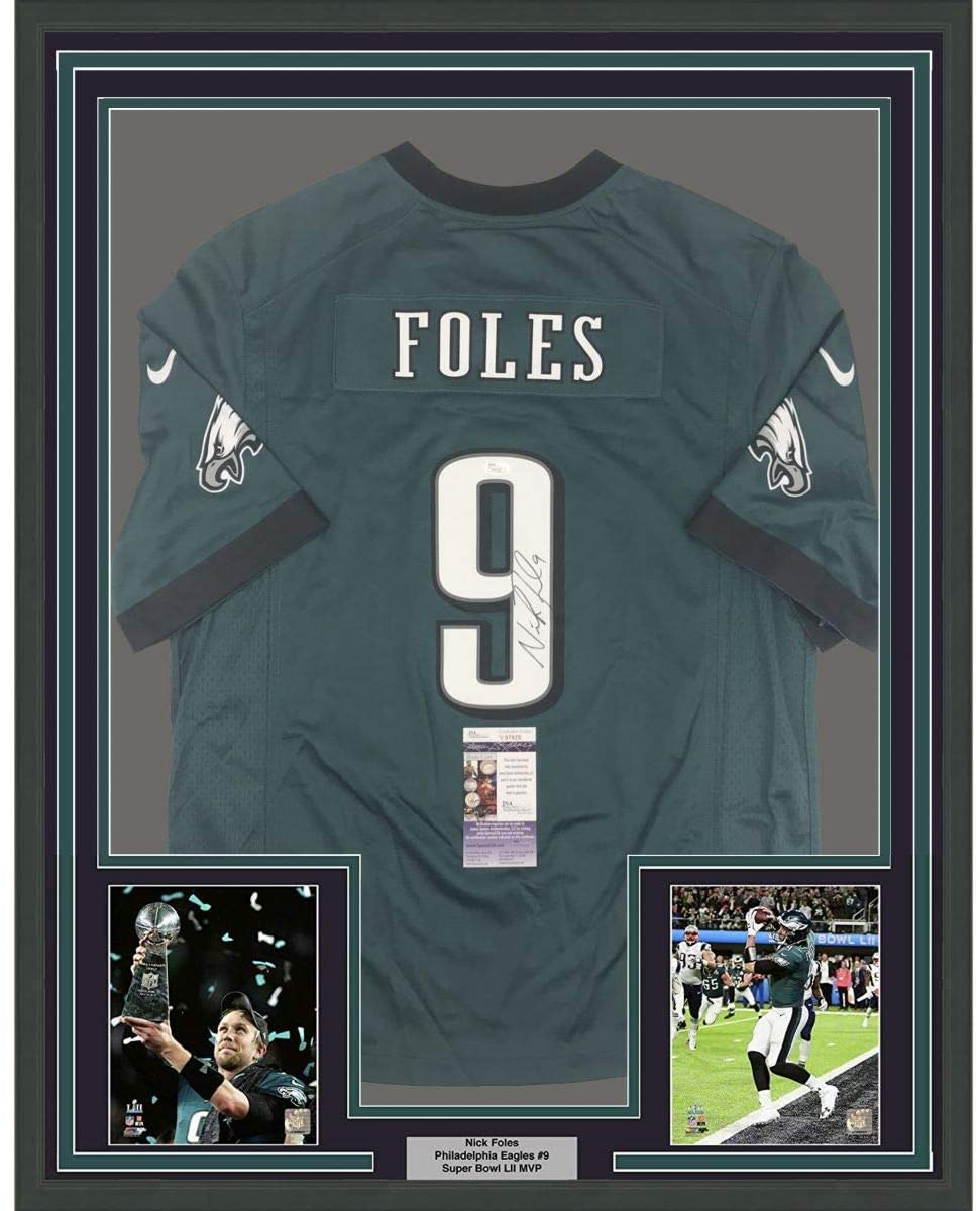 Framed Autographed/Signed Nick Foles 35x39 Philadelphia Eagles Nike Green Football Jersey JSA COA