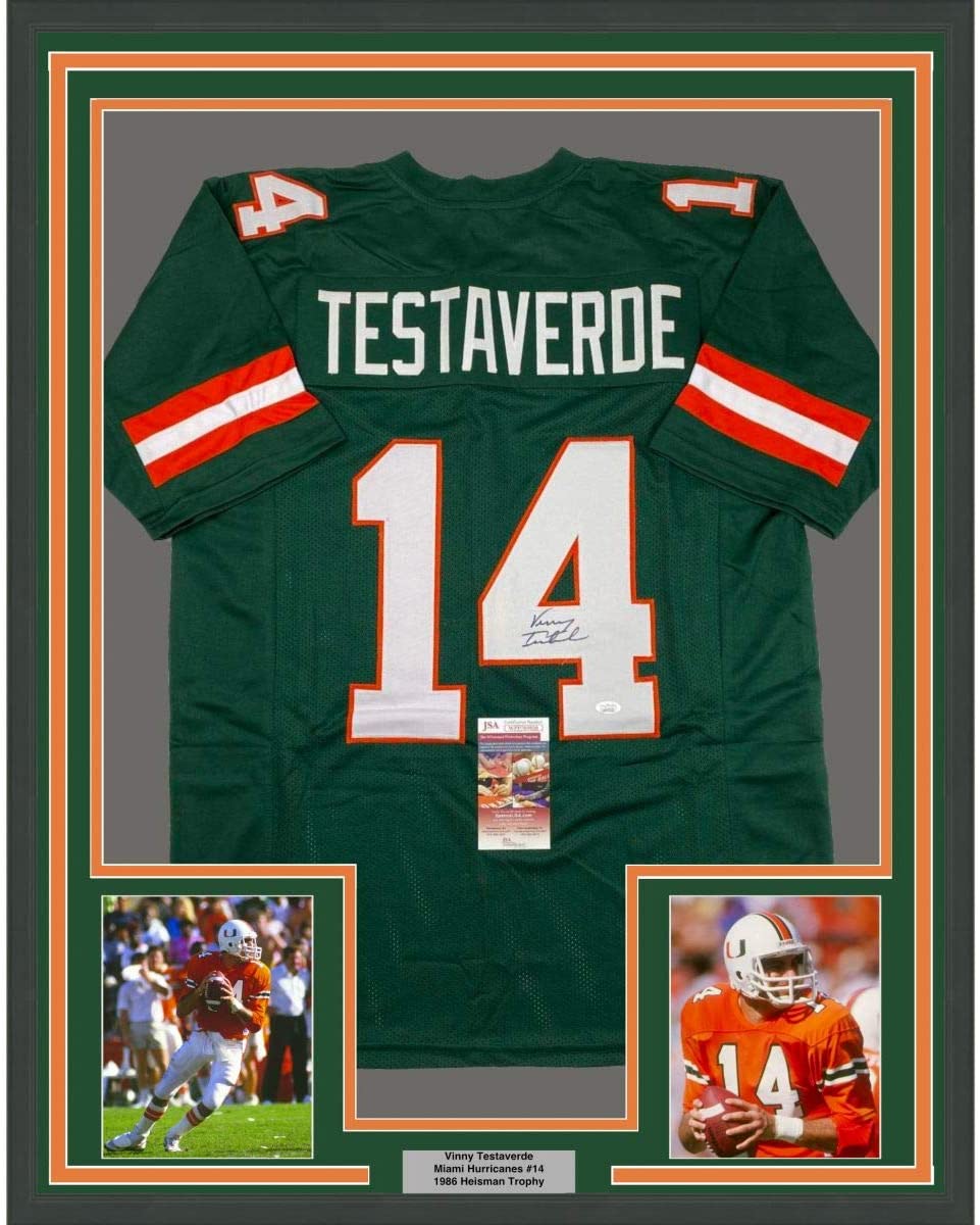 Framed Autographed/Signed Vinny Testaverde 35x39 Miami Green College Football Jersey JSA COA