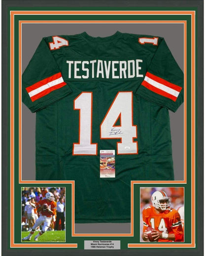 Framed Autographed/Signed Vinny Testaverde 35x39 Miami Green College Football Jersey JSA COA