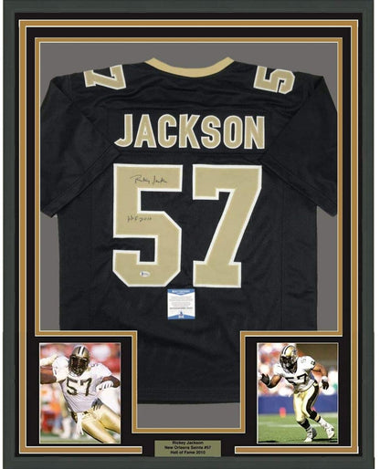 Framed Autographed/Signed Rickey Jackson HOF 2010 35x39 New Orleans Black Football Jersey Beckett BAS COA