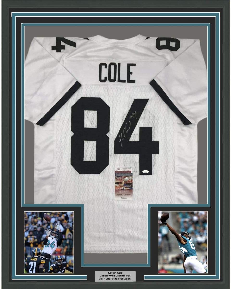 Framed Autographed/Signed Keelan Cole 35x39 Jacksonville White Football Jersey JSA COA