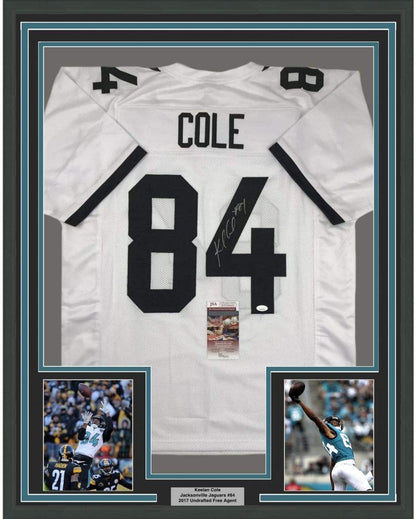 Framed Autographed/Signed Keelan Cole 35x39 Jacksonville White Football Jersey JSA COA