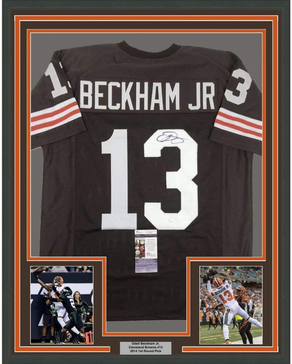 Framed Autographed/Signed Odell Beckham Jr. 35x39 Cleveland Retro Brown Football Jersey JSA COA