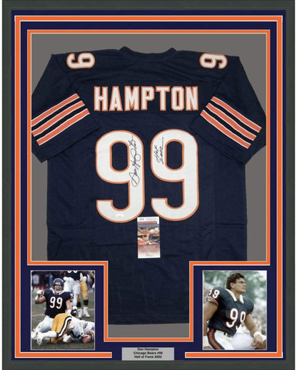 Framed Autographed/Signed Dan Hampton HOF 2002 35x39 Chicago Blue Football Jersey JSA COA