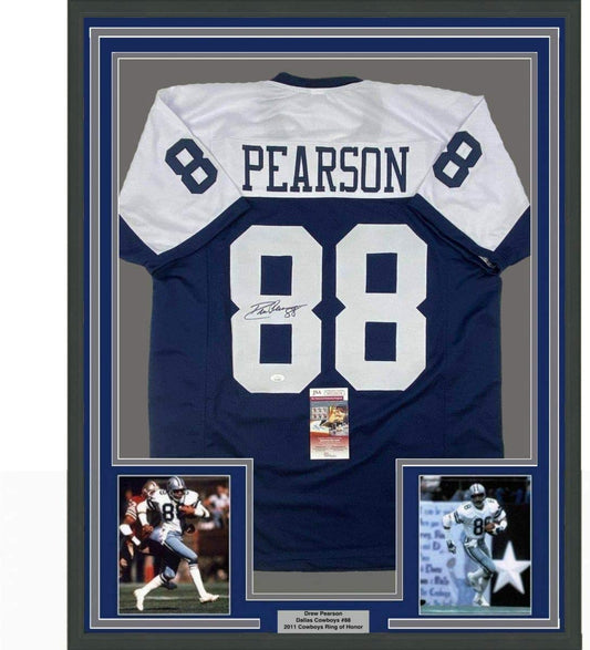 Framed Autographed/Signed Drew Pearson 35x39 Dallas Thanksgiving Football Jersey JSA COA