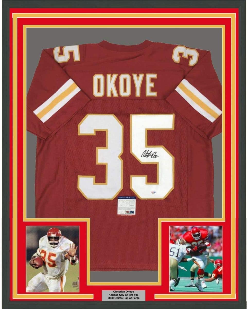 Framed Autographed/Signed Christian Okoye 35x39 Kansas City Red Football Jersey PSA/DNA COA