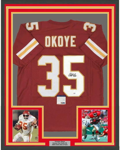 Framed Autographed/Signed Christian Okoye 35x39 Kansas City Red Football Jersey PSA/DNA COA