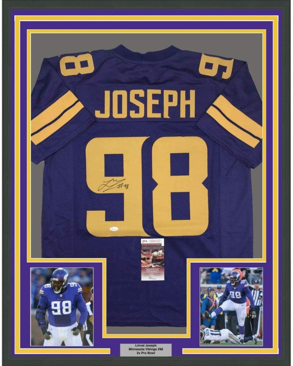 Framed Autographed/Signed Linval Joseph 35x39 Minnesota Color Rush Football Jersey JSA COA