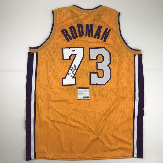 Autographed/Signed Dennis Rodman Los Angeles LA Yellow Basketball Jersey PSA/DNA COA