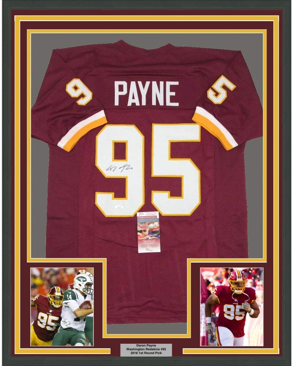 Framed Autographed/Signed Daron Payne 35x39 Washington Burgundy Football Jersey JSA COA