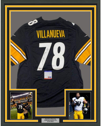 Framed Autographed/Signed Alejandro Villanueva 35x39 Pittsburgh Black Football Jersey PSA/DNA COA