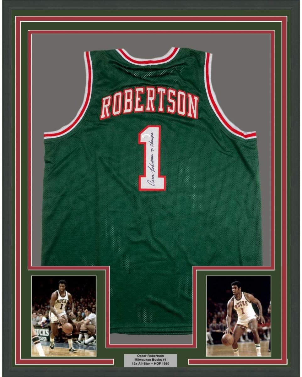 Framed Autographed/Signed Oscar Robertson 71 Champs 35x39 Milwaukee Green Basketball Jersey JSA COA
