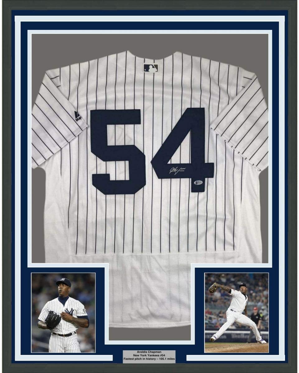 Framed Autographed/Signed Aroldis Chapman 35x39 New York Pinstripe Baseball Jersey Beckett BAS COA Holo Only