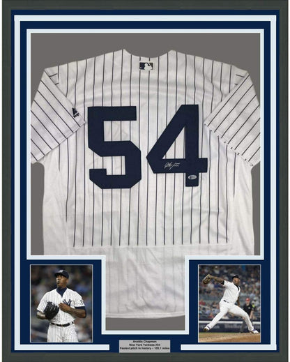 Framed Autographed/Signed Aroldis Chapman 35x39 New York Pinstripe Baseball Jersey Beckett BAS COA Holo Only