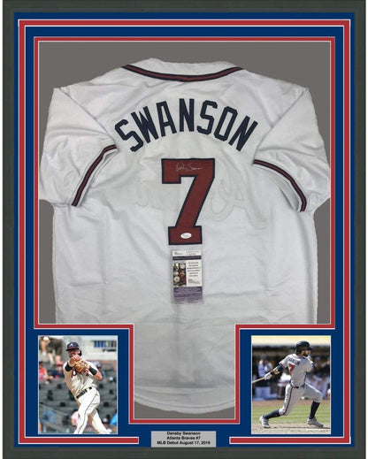 Framed Autographed/Signed Dansby Swanson 35x39 Atlanta White Baseball Jersey JSA COA
