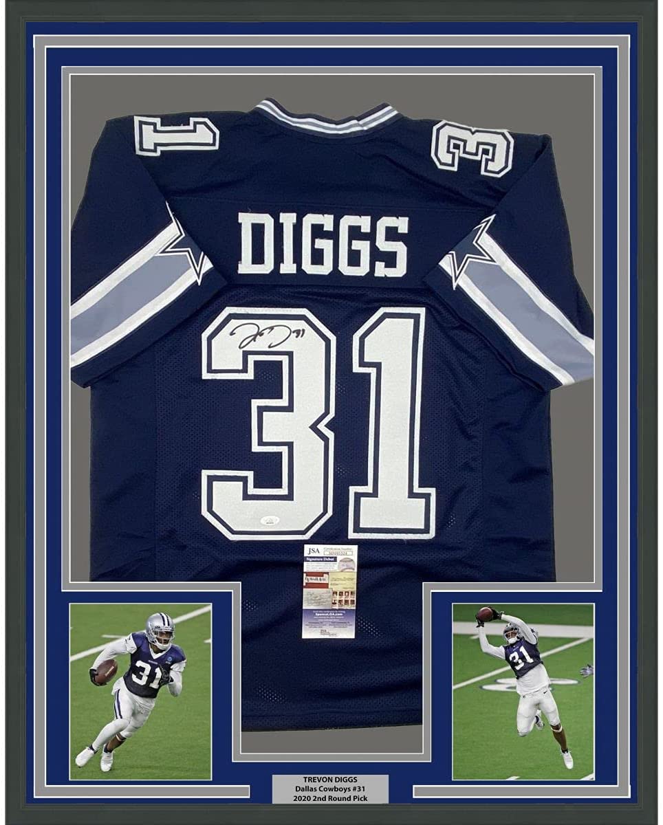 Framed Autographed/Signed Trevon Diggs 35x39 Dallas Dark Blue Football Jersey JSA COA