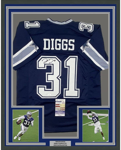 Framed Autographed/Signed Trevon Diggs 35x39 Dallas Dark Blue Football Jersey JSA COA