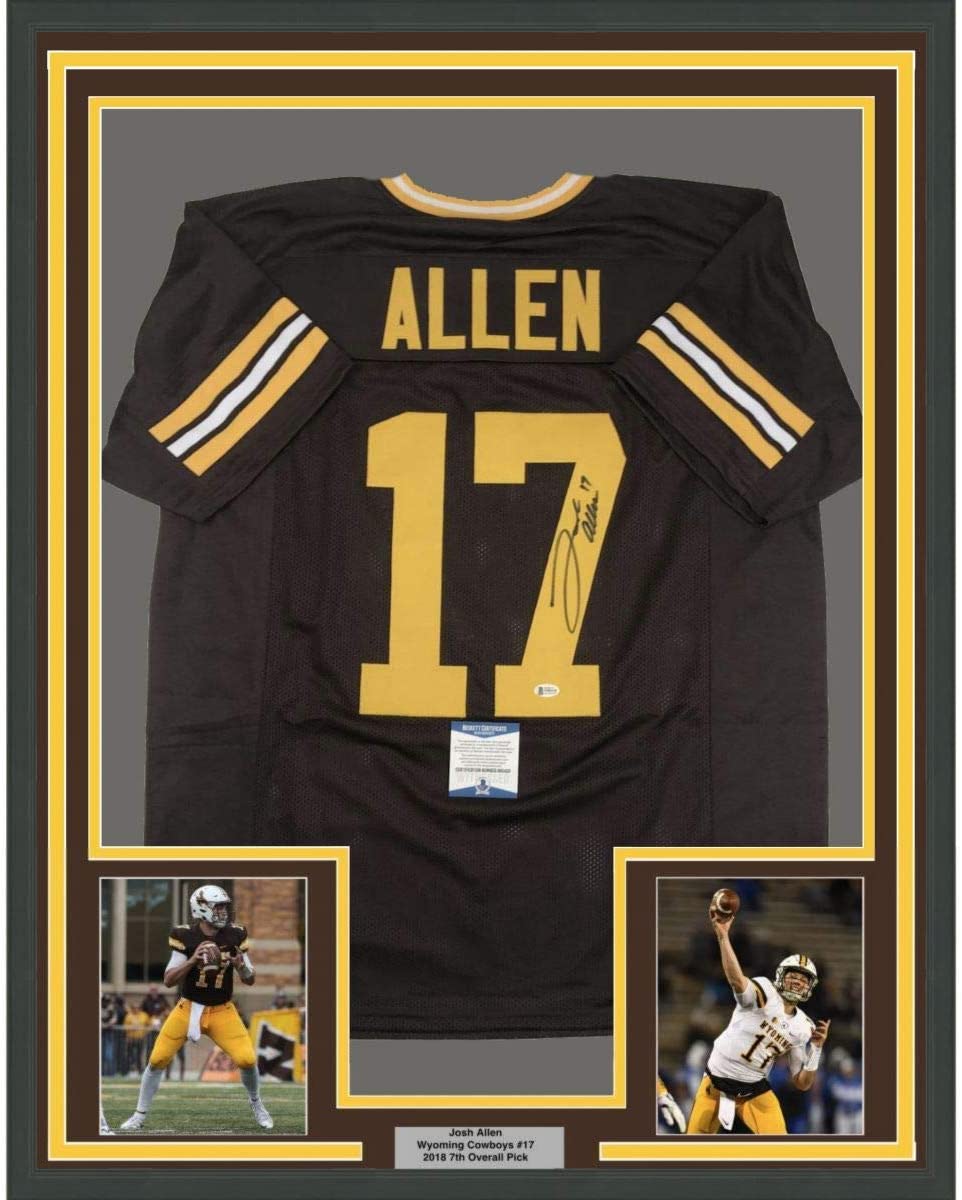 Framed Autographed/Signed Josh Allen 35x39 Wyoming Brown College Football Jersey Beckett BAS COA