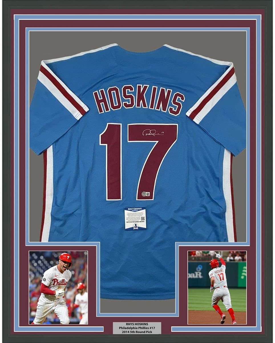 Framed Autographed/Signed Rhys Hoskins 35x39 Philadelphia Retro Blue Baseball Jersey Beckett BAS COA