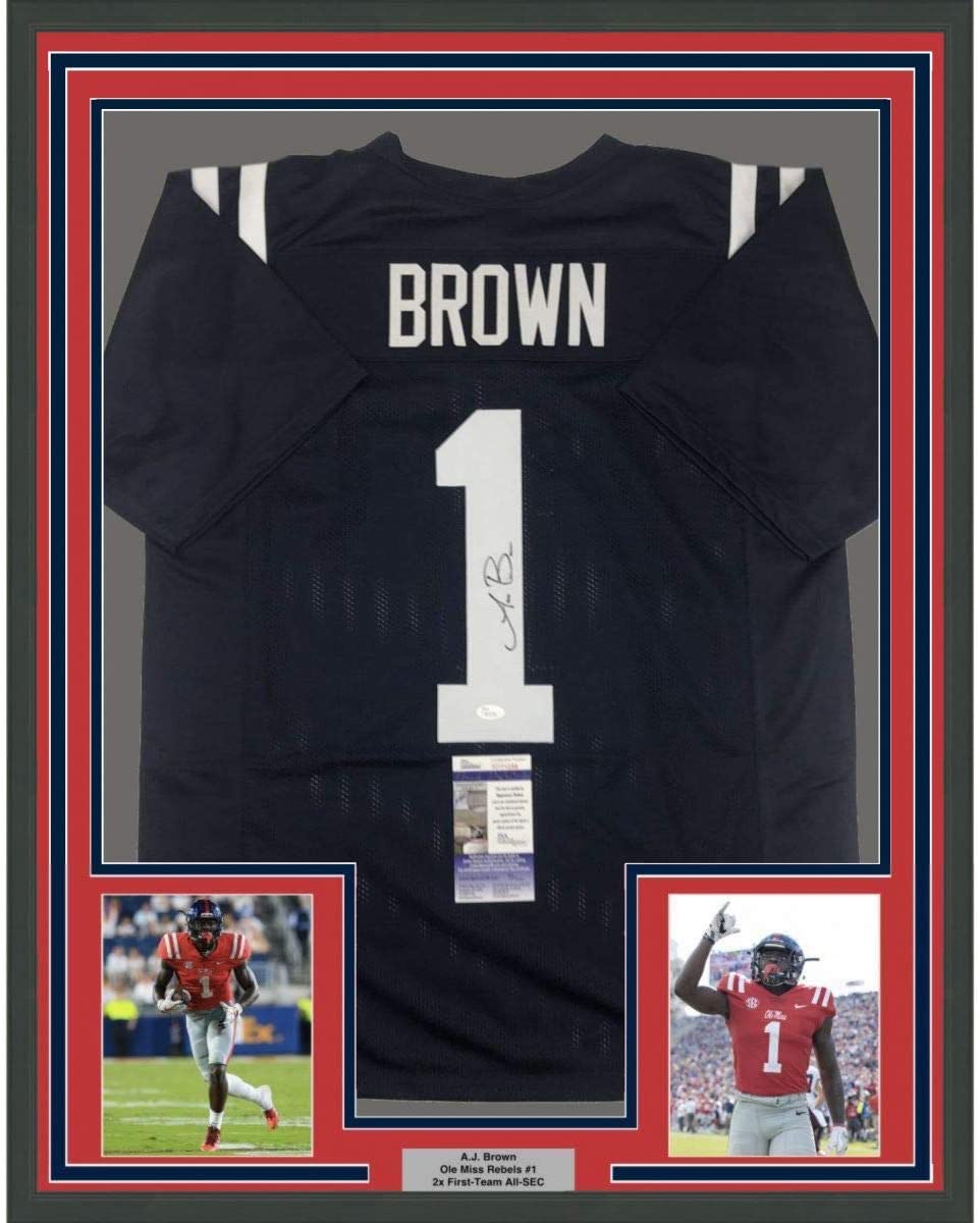 Framed Autographed/Signed AJ A.J. Brown 35x39 Ole Miss Blue College Football Jersey JSA COA