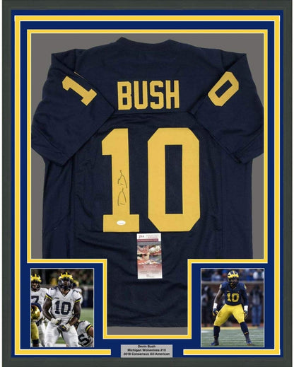 Framed Autographed/Signed Devin Bush 35x39 Michigan Blue College Football Jersey JSA COA