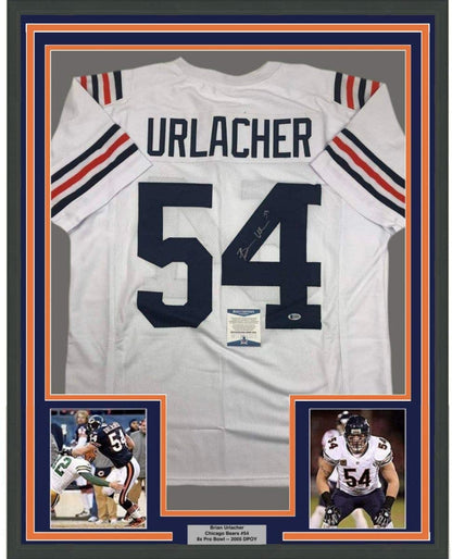 Framed Autographed/Signed Brian Urlacher 35x39 Chicago Retro White Football Jersey JSA COA