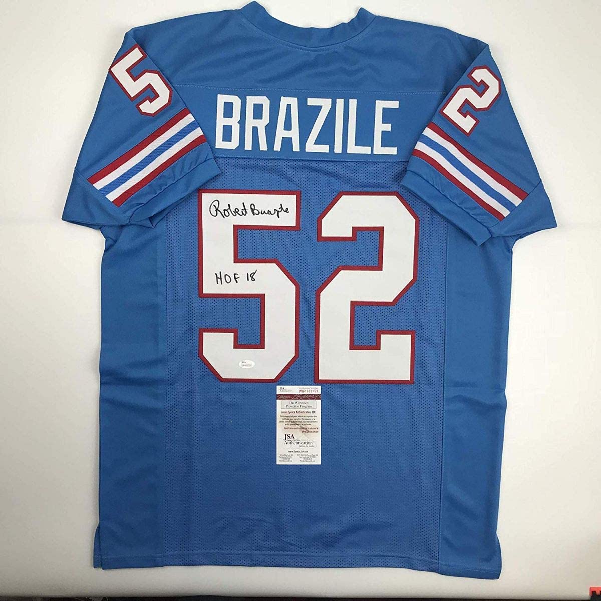 Autographed/Signed Robert Brazile"HOF 18" Houston Blue Football Jersey JSA COA