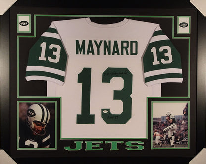 Autographed/Signed Don Maynard"HOF 87" Framed 35x43 New York Jets White Football Jersey JSA COA