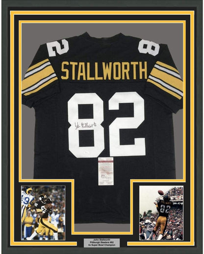 Framed Autographed/Signed John Stallworth 35x39 Pittsburgh Black Football Jersey JSA COA