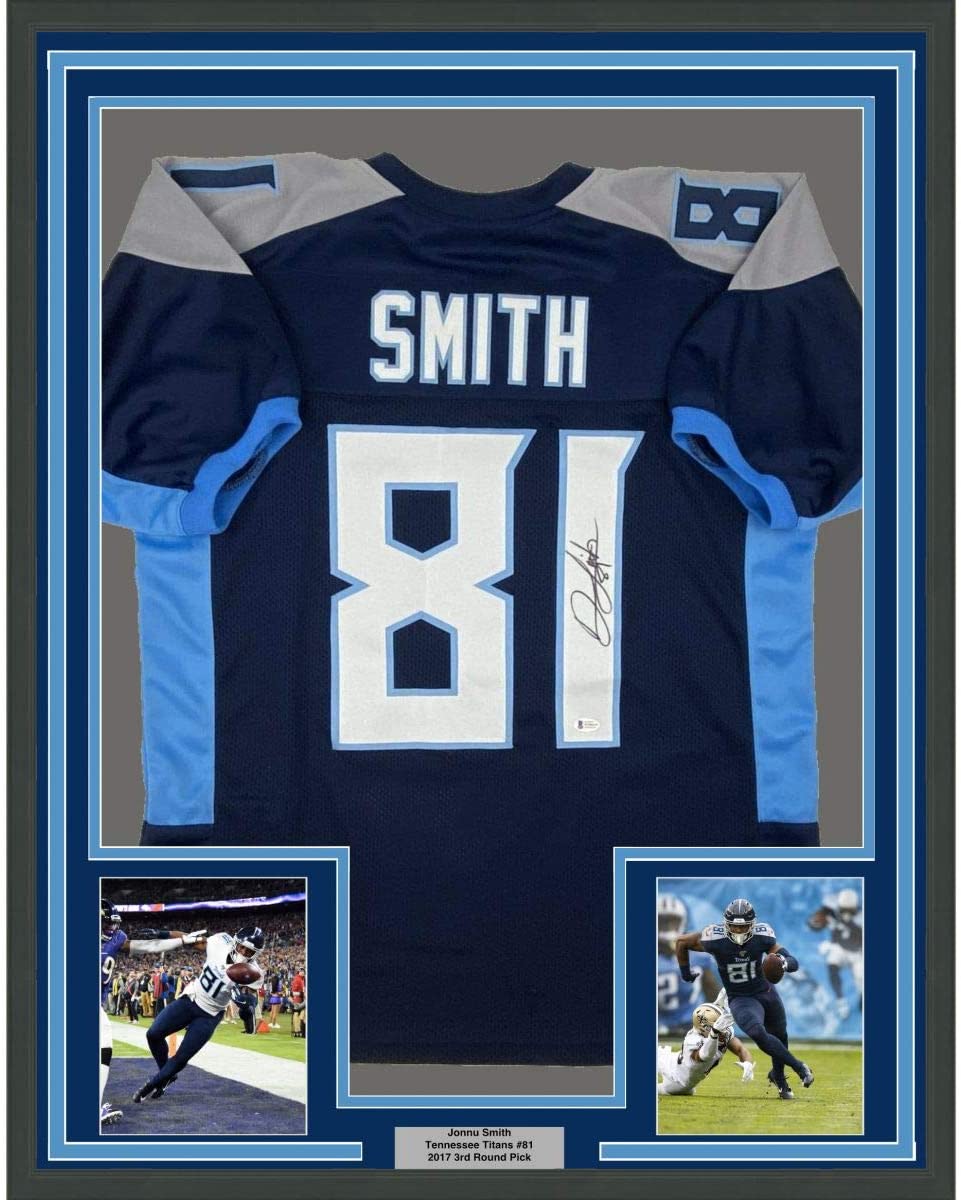 Framed Autographed/Signed Jonnu Smith 35x39 Tennessee Dark Blue Football Jersey Beckett BAS COA