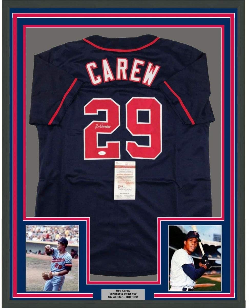 Framed Autographed/Signed Rod Carew 35x39 Minnesota Dark Blue Baseball Jersey JSA COA