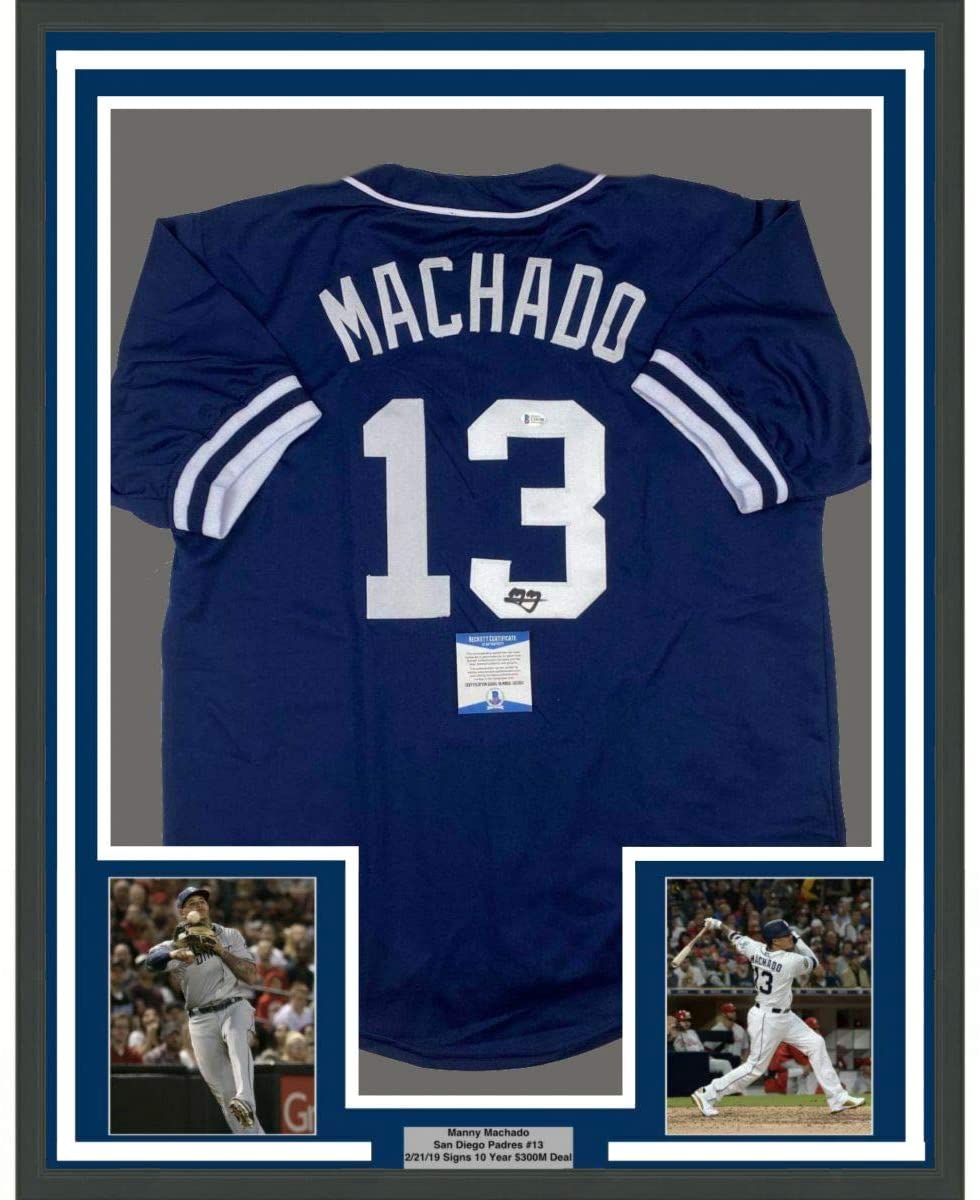 Framed Autographed/Signed Manny Machado 35x39 San Diego Blue Baseball Jersey Beckett BAS COA