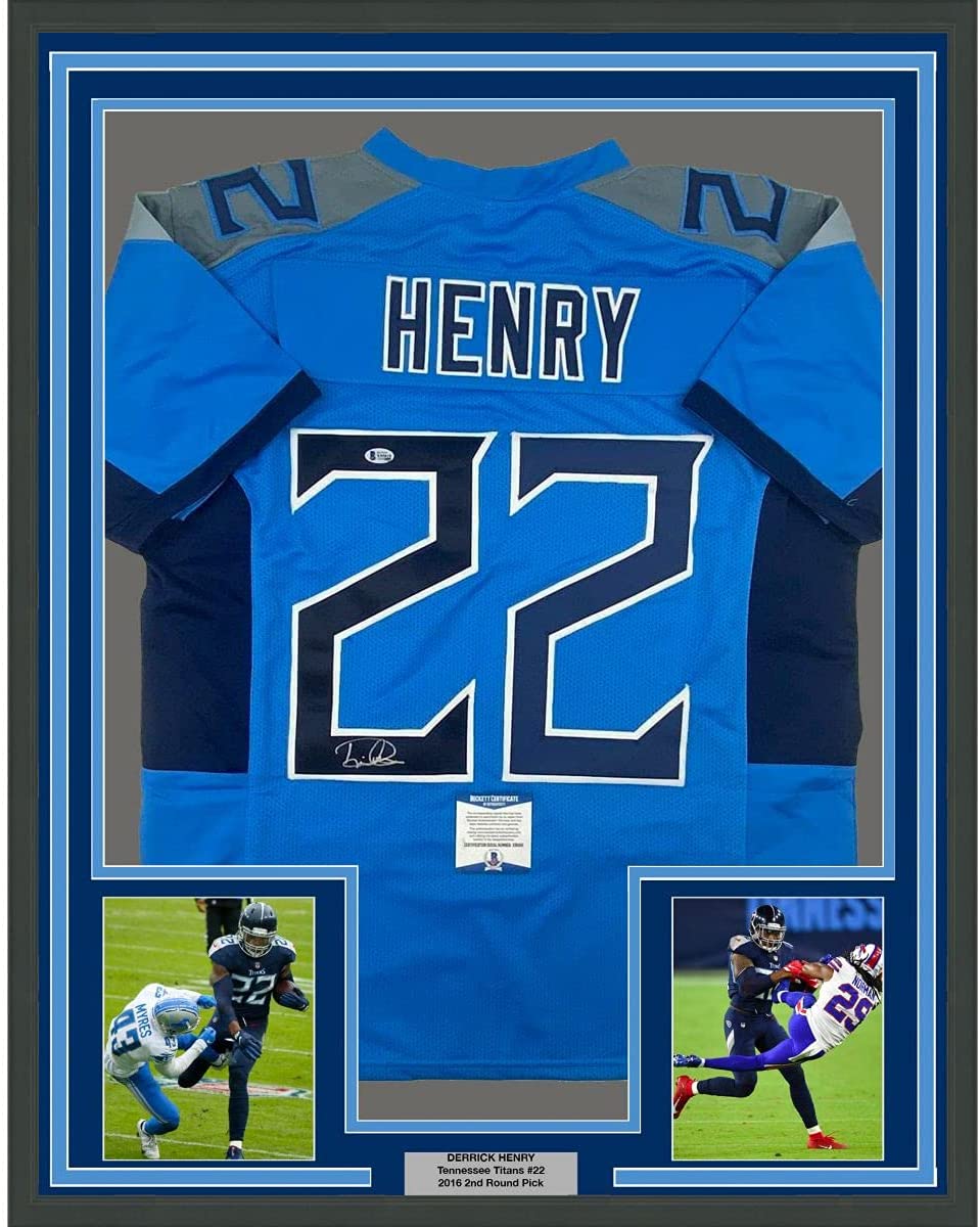 Framed Autographed/Signed Derrick Henry 35x39 Tennessee Titans Light Blue Football Jersey Beckett BAS COA