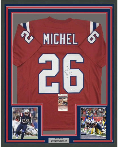 Framed Autographed/Signed Sony Michel 35x39 New England Red Football Jersey JSA COA