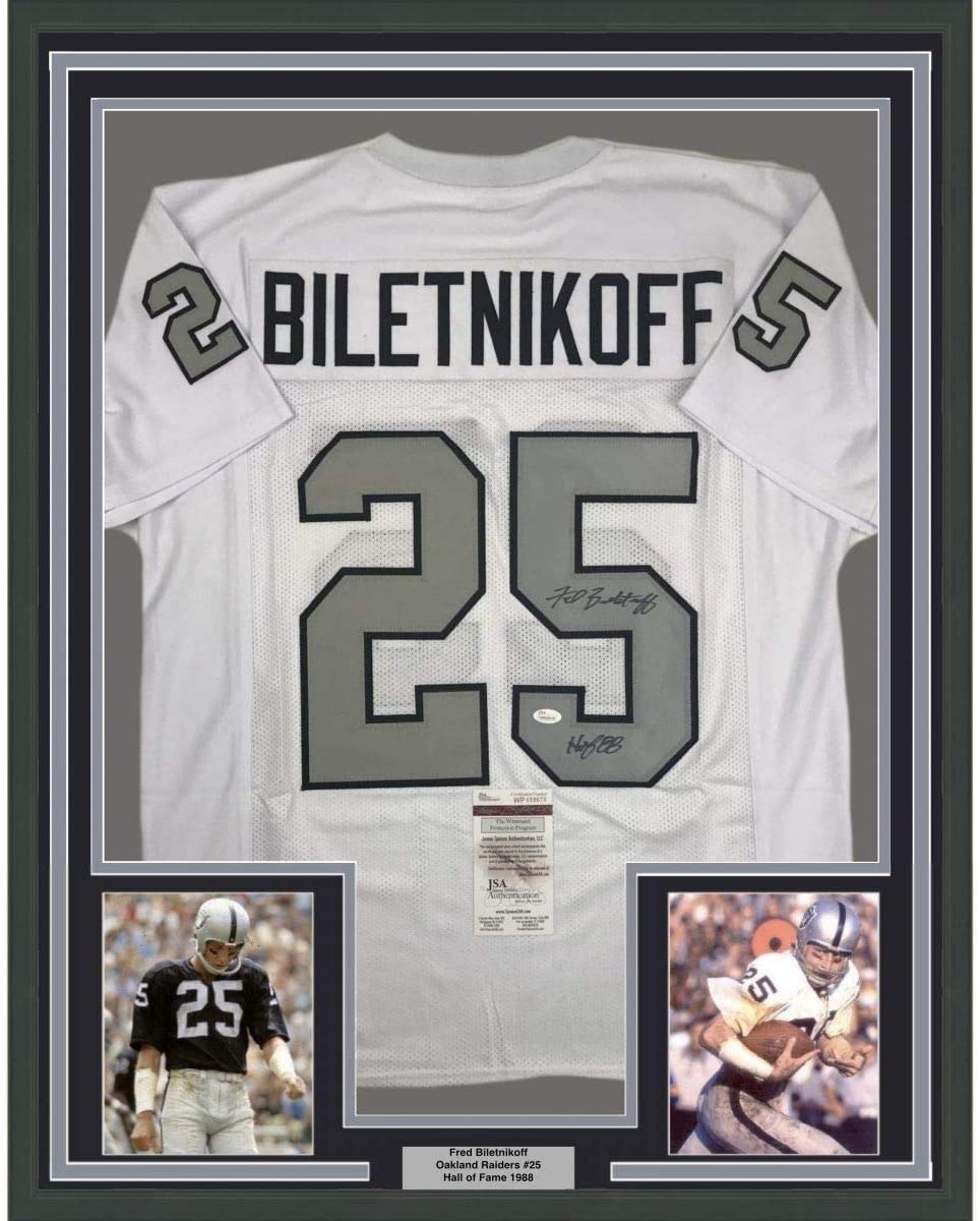 Framed Autographed/Signed Fred Biletnikoff HOF 88 35x39 Oakland Color Rush Football Jersey JSA COA