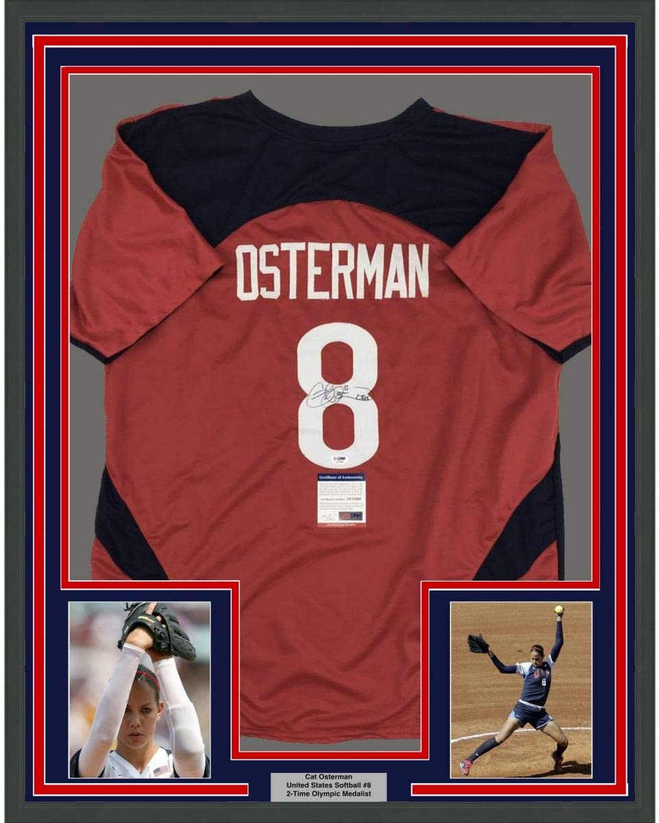 Framed Autographed/Signed Cat Osterman USA 35x39 United States Red Team Softball Jersey JSA COA
