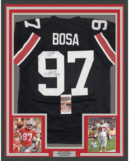 Framed Autographed/Signed Nick & Joey Bosa Brothers 35x39 Ohio State Black College Football Jersey JSA COA