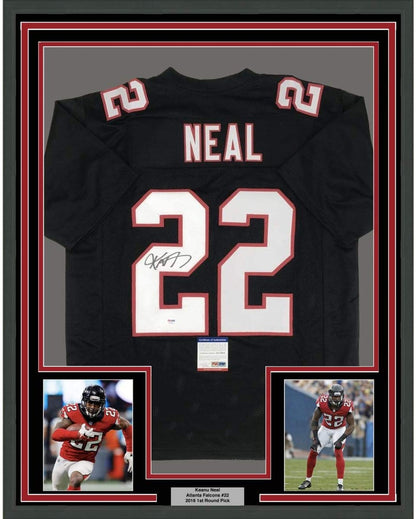 Framed Autographed/Signed Keanu Neal 35x39 Atlanta Retro Black Football Jersey PSA/DNA COA