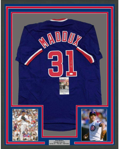 Framed Autographed/Signed Greg Maddux 35x39 Chicago Blue Baseball Jersey JSA COA