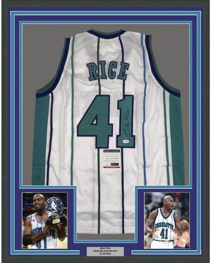 Framed Autographed/Signed Glen Rice 35x39 Charlotte White Basketball Jersey PSA/DNA COA