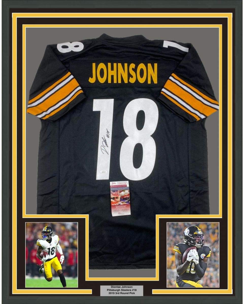 Framed Autographed/Signed Diontae Johnson 35x39 Pittsburgh Black Football Jersey JSA COA