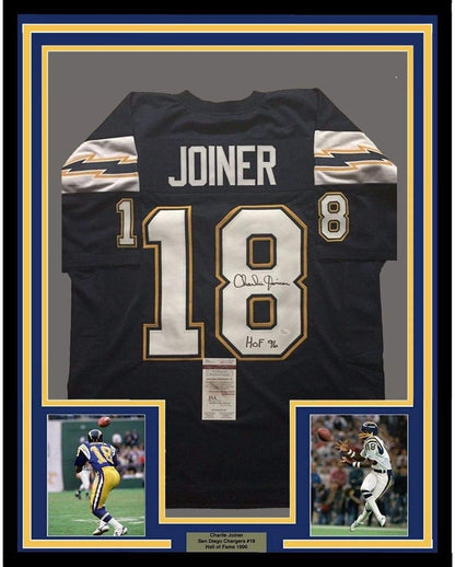 Framed Autographed/Signed Charlie Joiner"HOF 96" 35x39 San Diego Chargers Dark Blue Football Jersey JSA COA