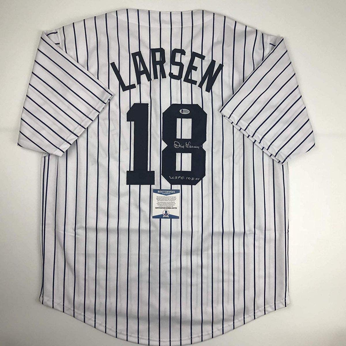 Autographed/Signed Don Larsen"WS PG 10-8-56" New York Pinstripe Baseball Jersey Beckett BAS COA