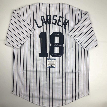 Autographed/Signed Don Larsen"WS PG 10-8-56" New York Pinstripe Baseball Jersey Beckett BAS COA