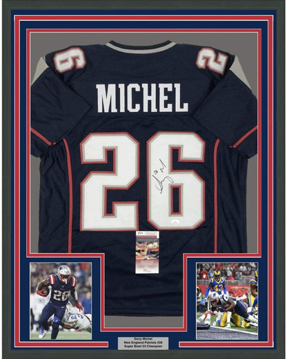 Framed Autographed/Signed Sony Michel 35x39 New England Blue Football Jersey JSA COA