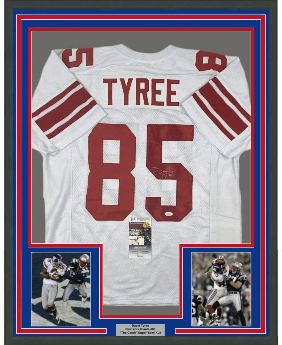 Framed Autographed/Signed David Tyree 35x39 New York White Super Bowl XLII Catch Football Jersey JSA COA